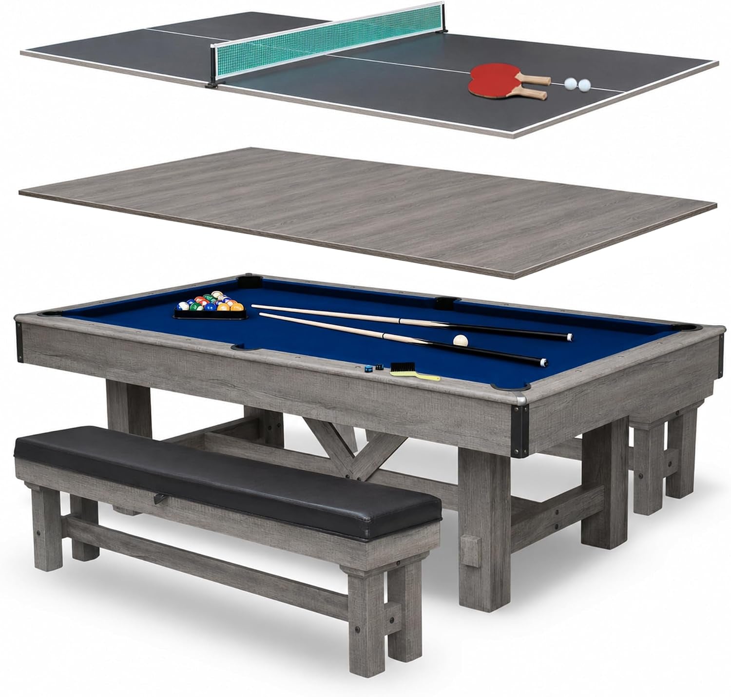 Logan 7-Ft Pool Table Combo Set with Benches - Rustic Gray with Blue Felt, Barnwood