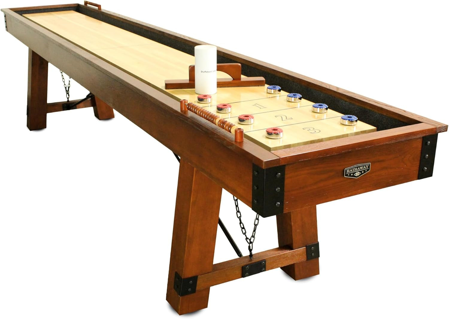 Cheyenne 12 Ft Shuffleboard Table for Family Arcade Game Room - with Poly-Coated Playfield, Built-In Scorer & Cabinet, Climate Adjusters, Leg Levelers, 8 Pucks, Brush & Wax – Rustic Oak