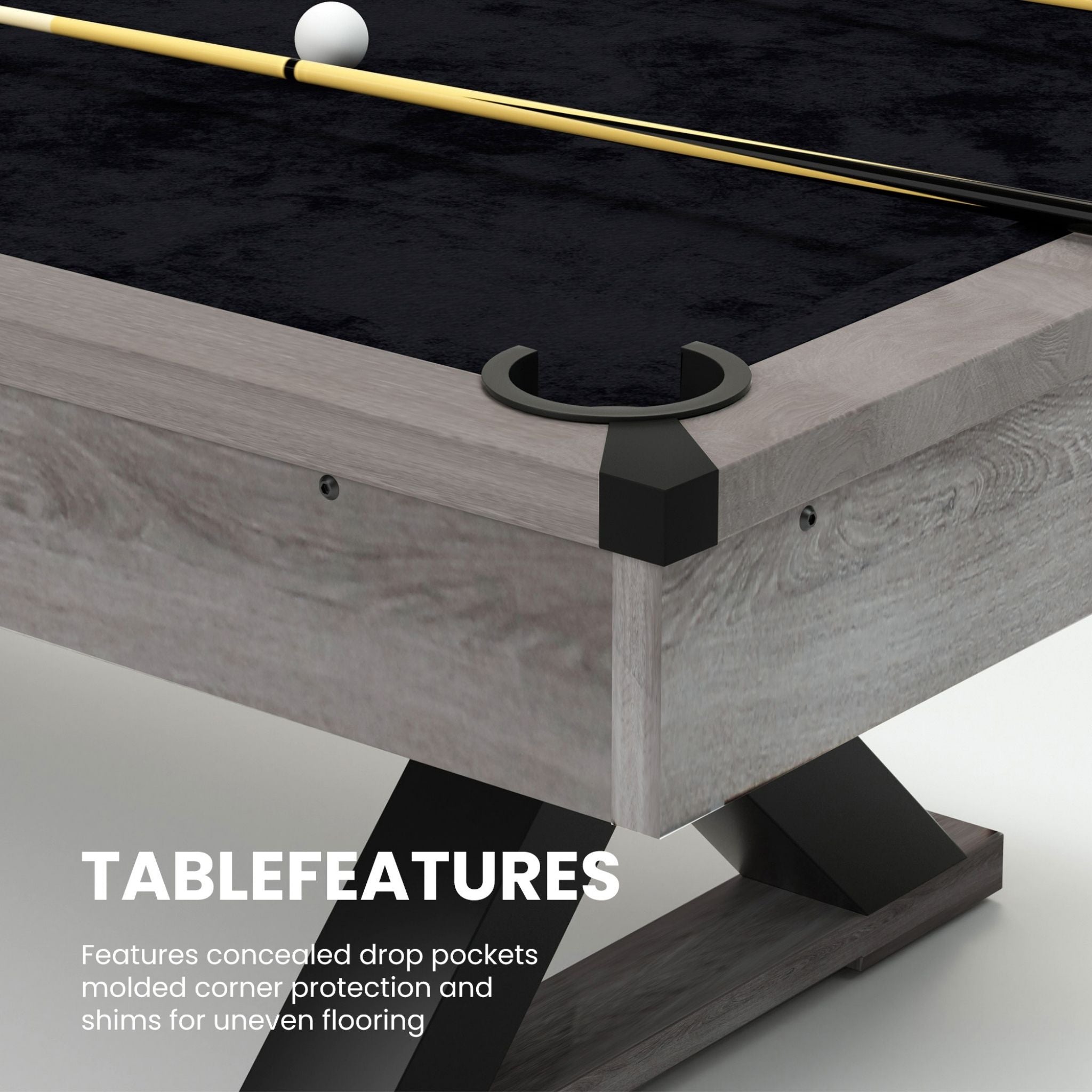 Large 84-Inch Rustic Gray Pool Table With Cues, Balls And X-Legs