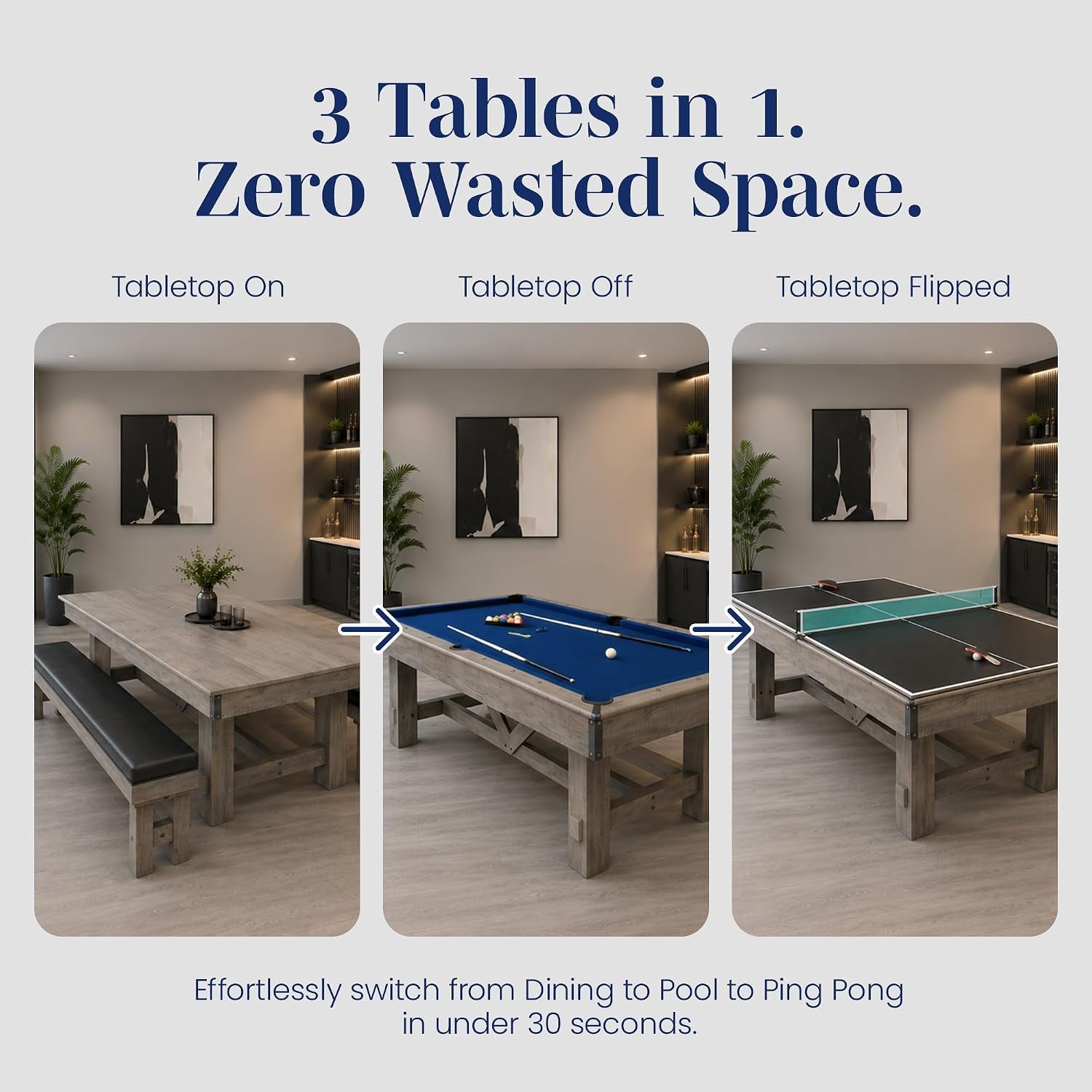 Logan 7-Ft Pool Table Combo Set with Benches - Rustic Gray with Blue Felt, Barnwood