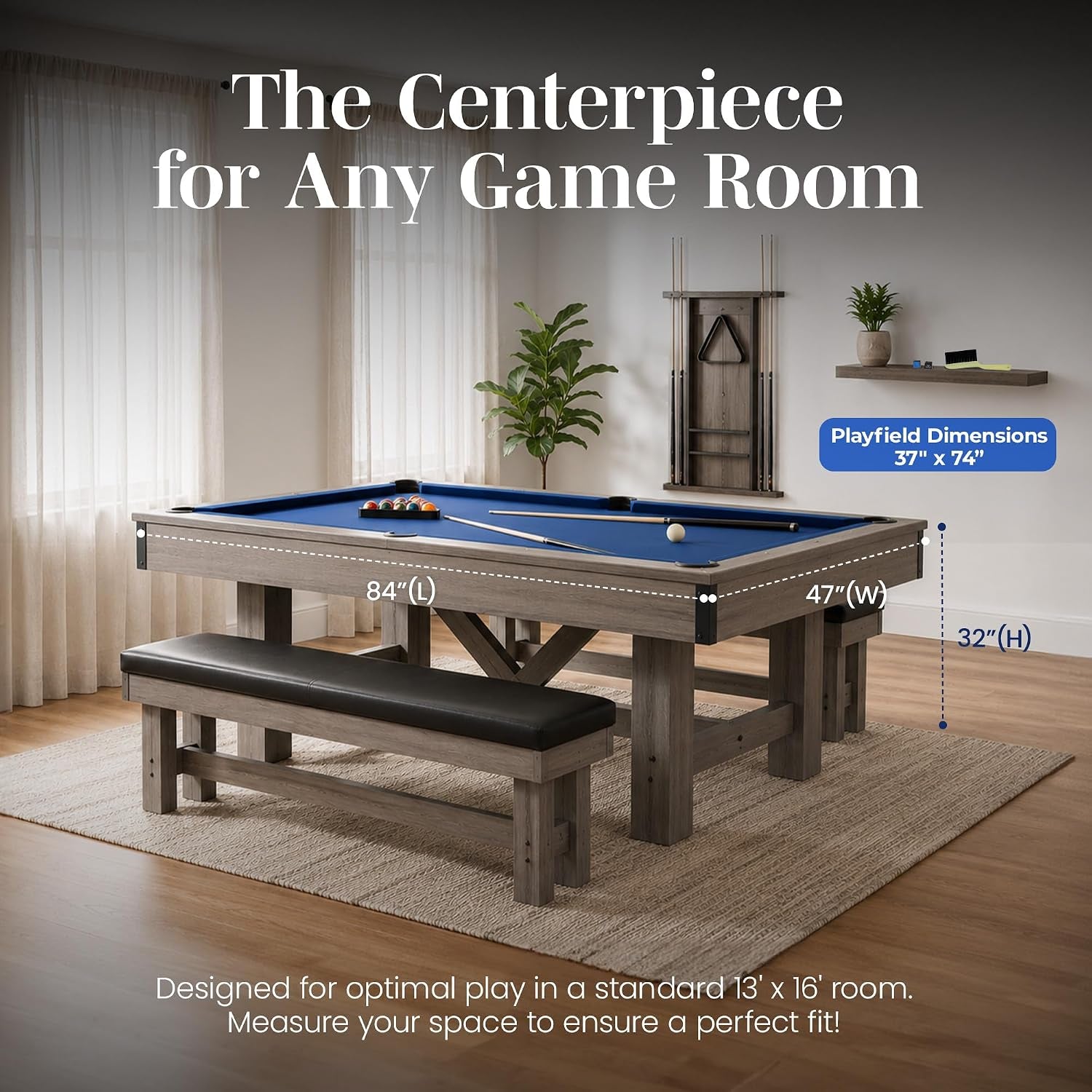 Logan 7-Ft Pool Table Combo Set with Benches - Rustic Gray with Blue Felt, Barnwood