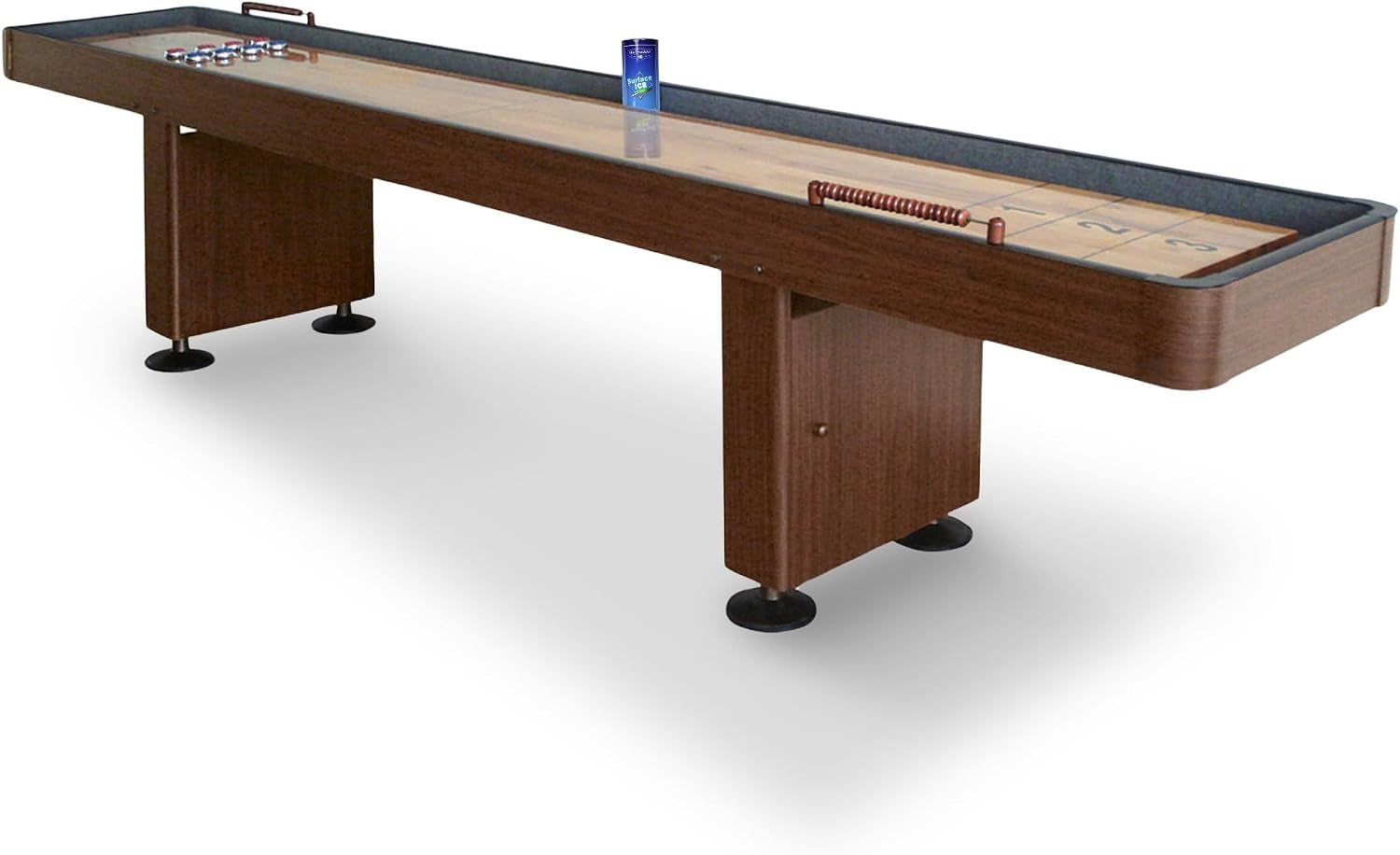 Challenger Shuffleboard Table for Family Arcade Game Room - with Poly-Coated Playfield, Built-In Scorer & Cabinet, Climate Adjusters, Leg Levelers, 8 Pucks, Brush & Wax - Walnut Finish