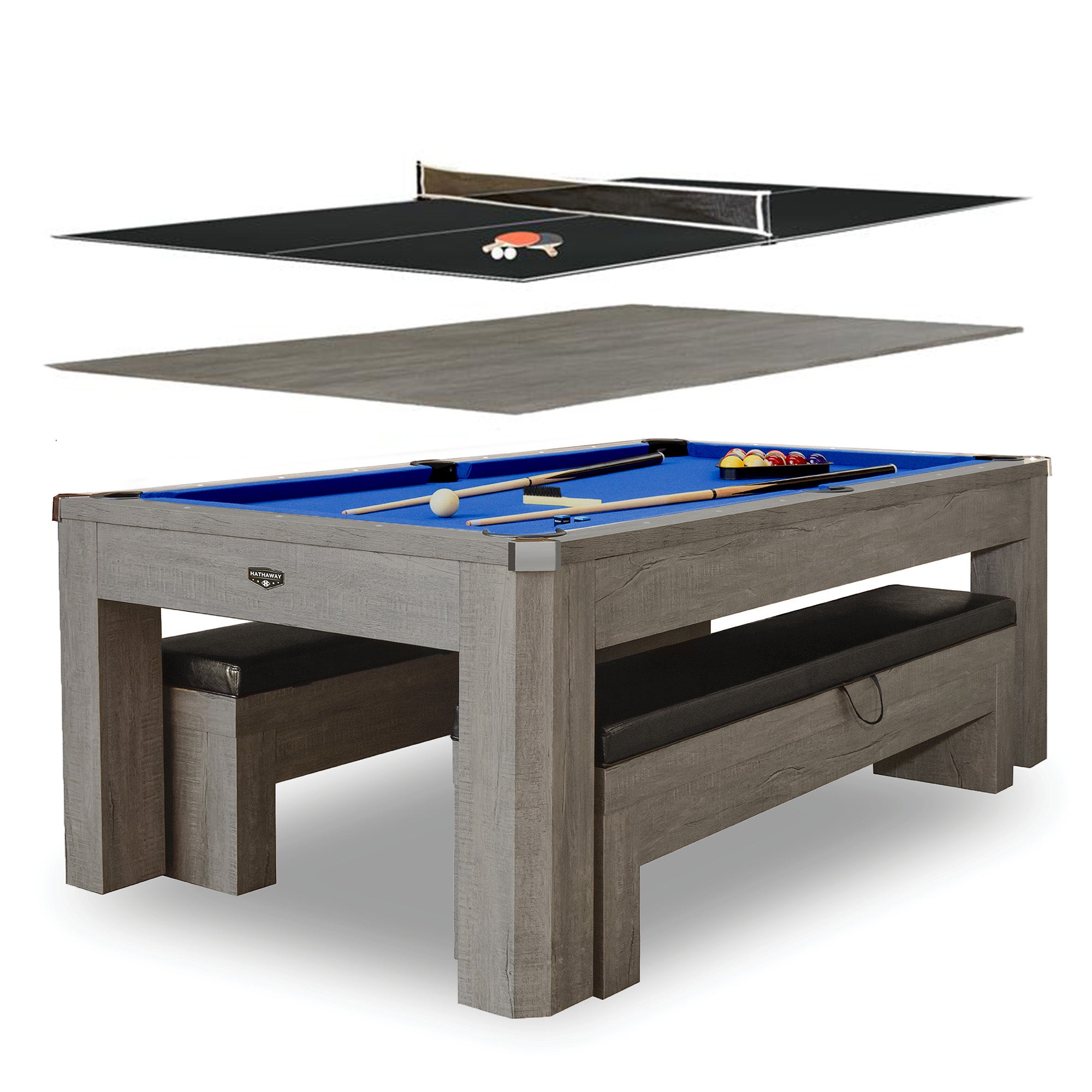 Newport 7-ft Pool Table Combo Set with Benches - Rustic Grey with Blue Felt image 2