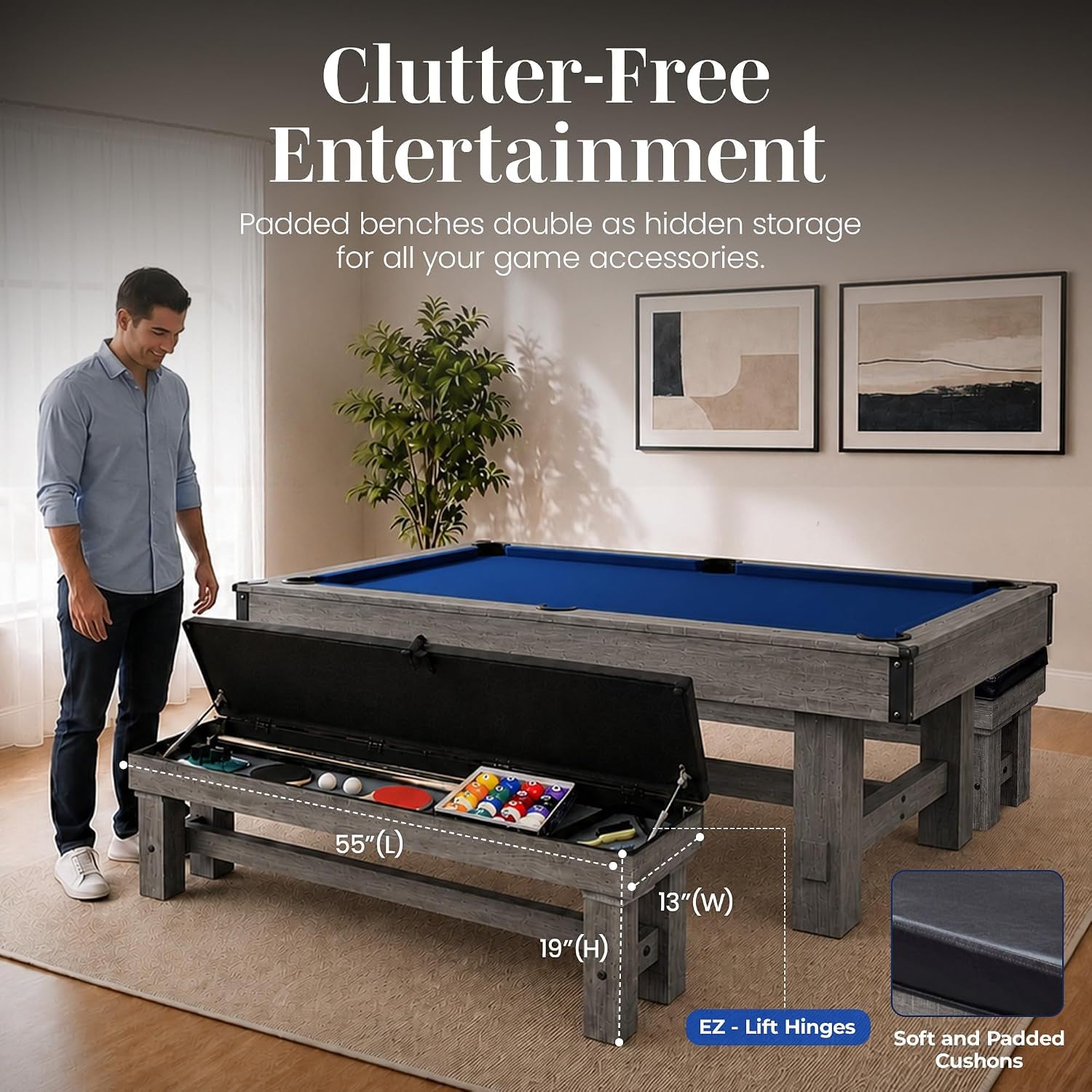 Logan 7-Ft Pool Table Combo Set with Benches - Rustic Gray with Blue Felt, Barnwood