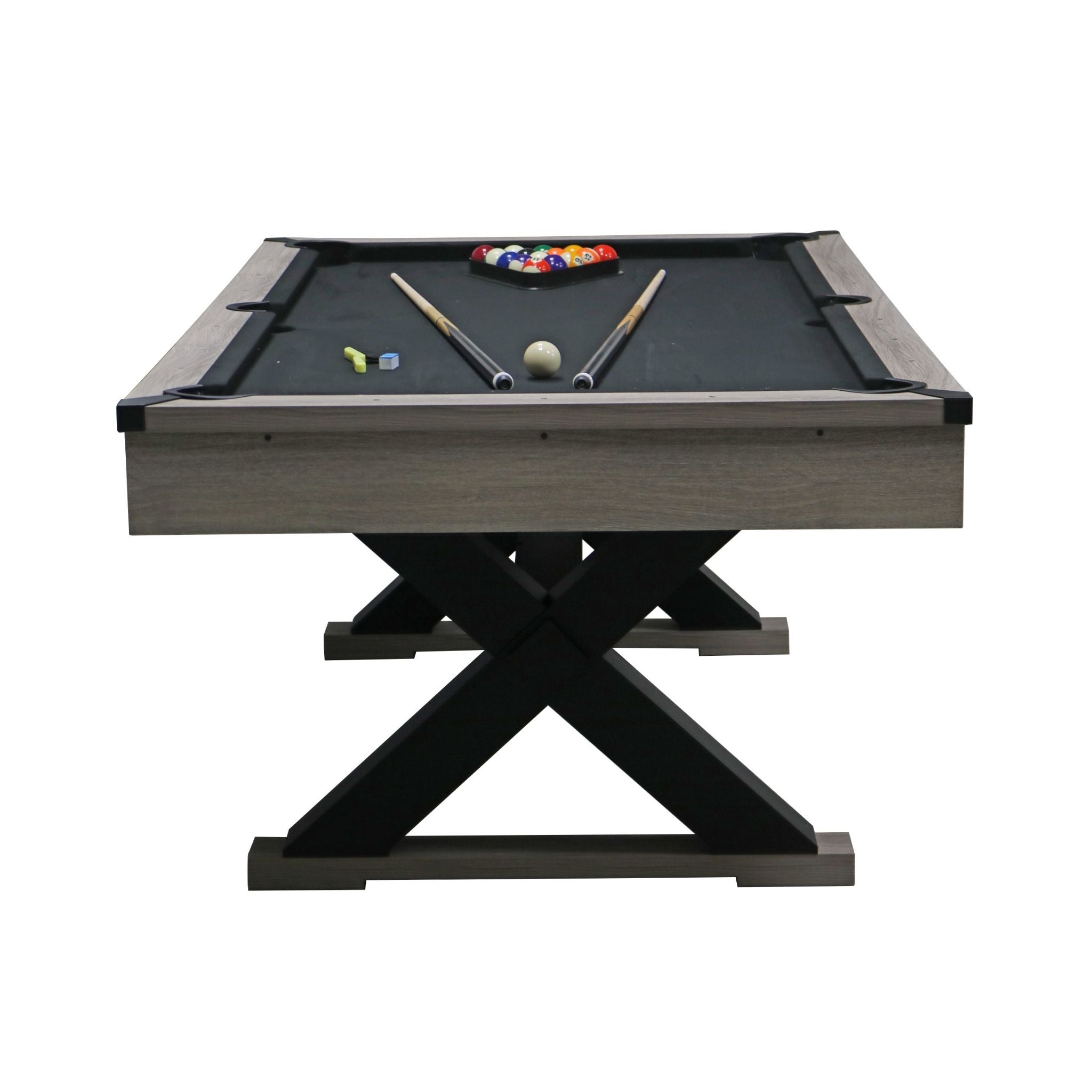 Large 84-Inch Rustic Gray Pool Table With Cues, Balls And X-Legs