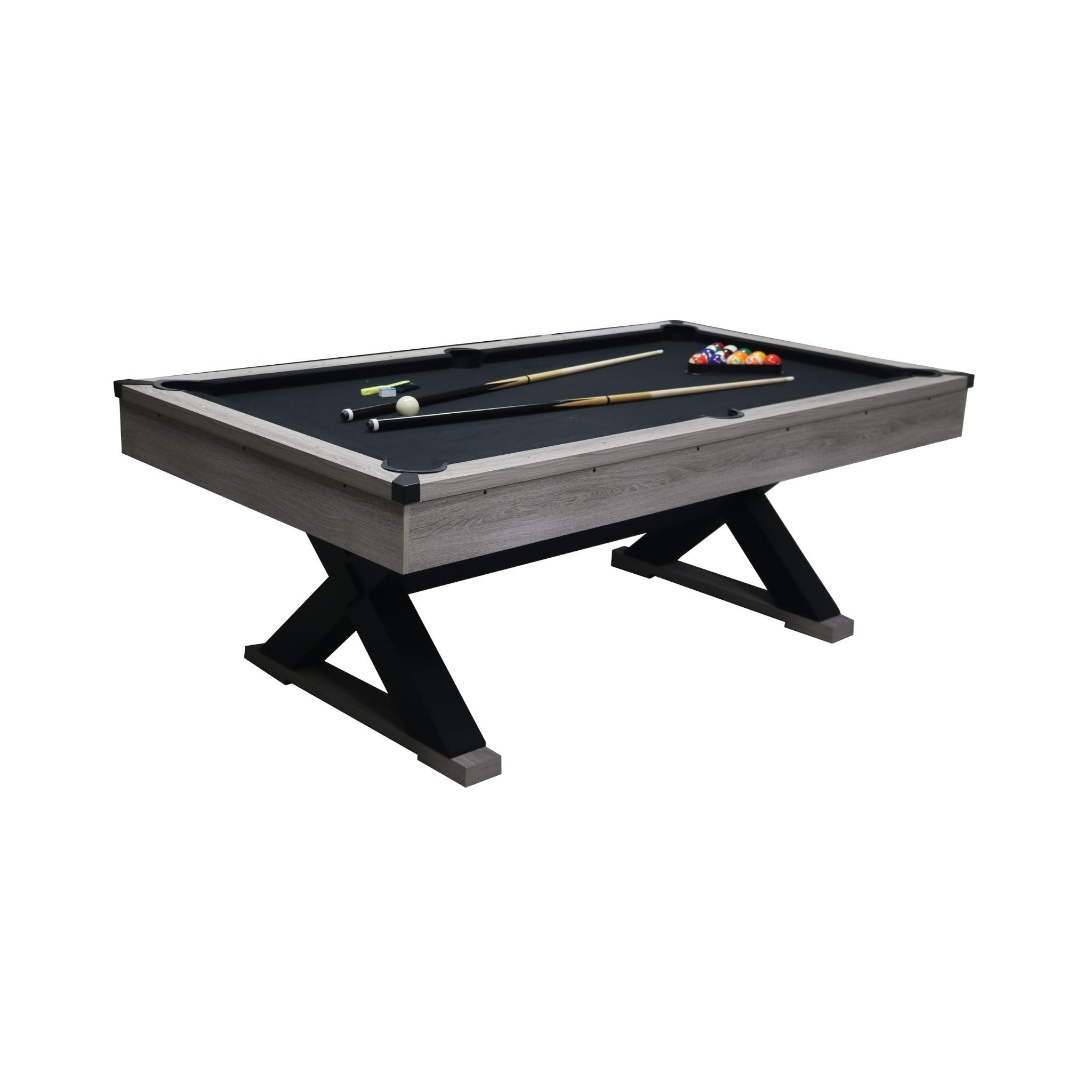 Large 84-Inch Rustic Gray Pool Table With Cues, Balls And X-Legs