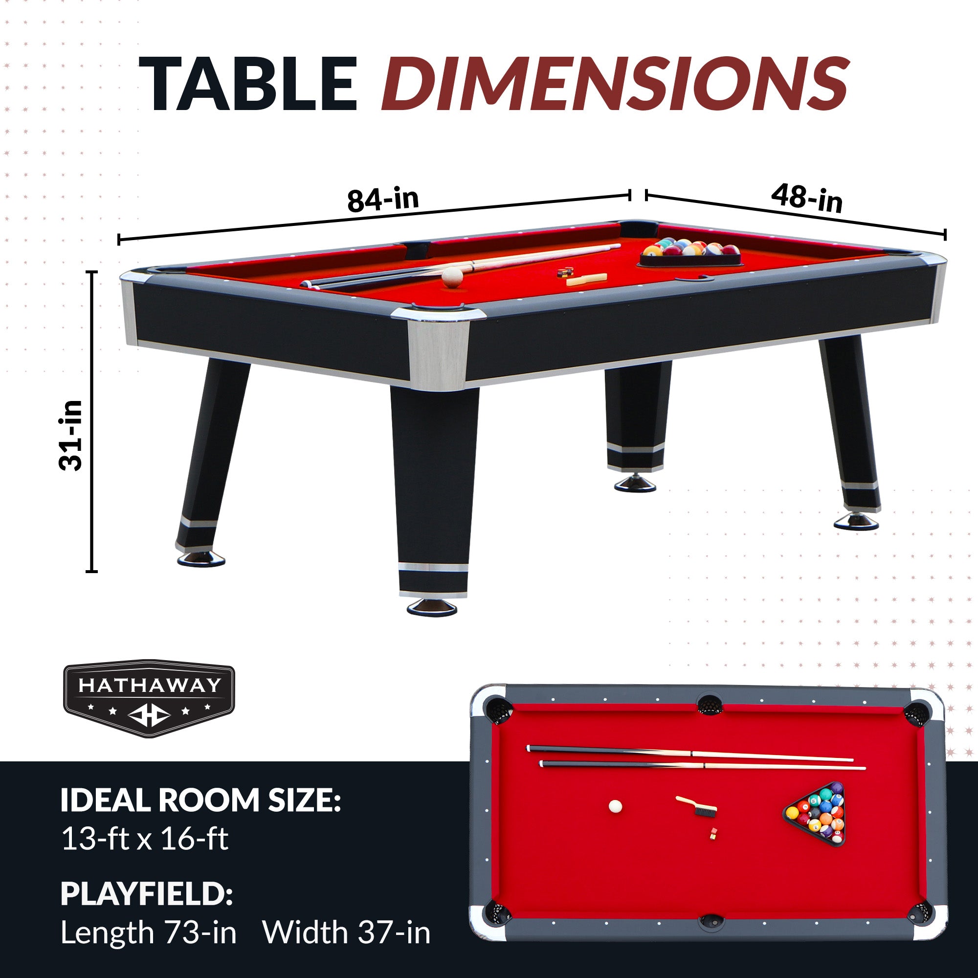 Jupiter 7 Ft Heavy Duty Pool Table – Includes Cue Sticks, Billiard Balls, Brush – Red Felt with Black Finish