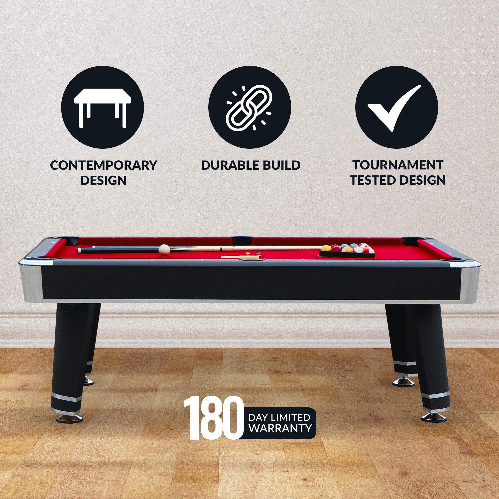 Jupiter 7 Ft Heavy Duty Pool Table – Includes Cue Sticks, Billiard Balls, Brush – Red Felt with Black Finish