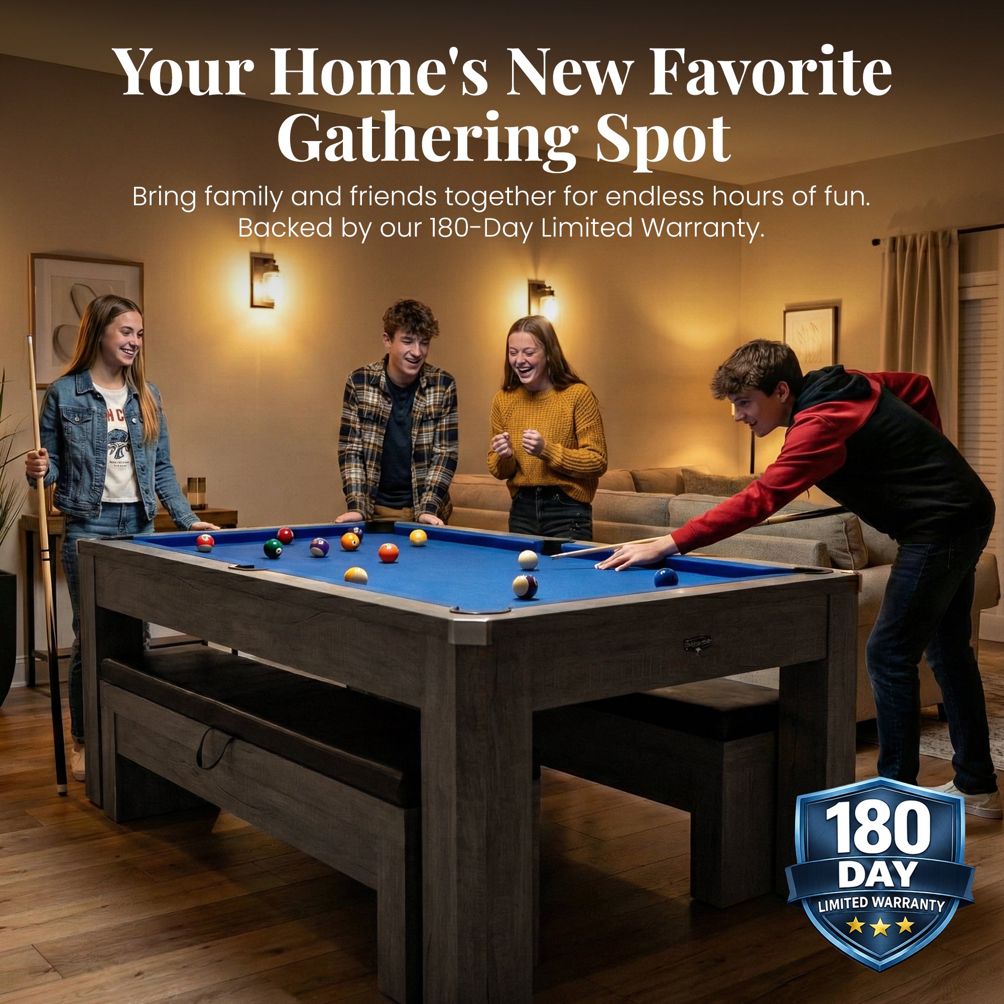 Newport 7-ft Pool Table Combo Set with Benches - Rustic Grey with Blue Felt image 8