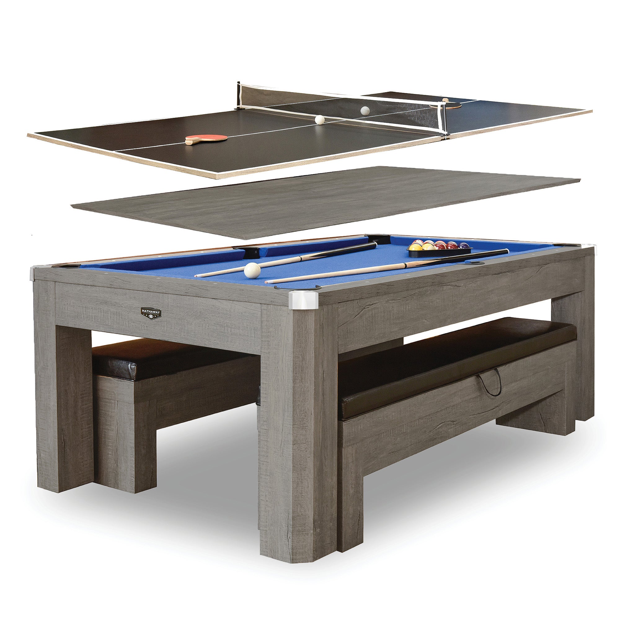 Newport 7-ft Pool Table Combo Set with Benches - Rustic Grey with Blue Felt